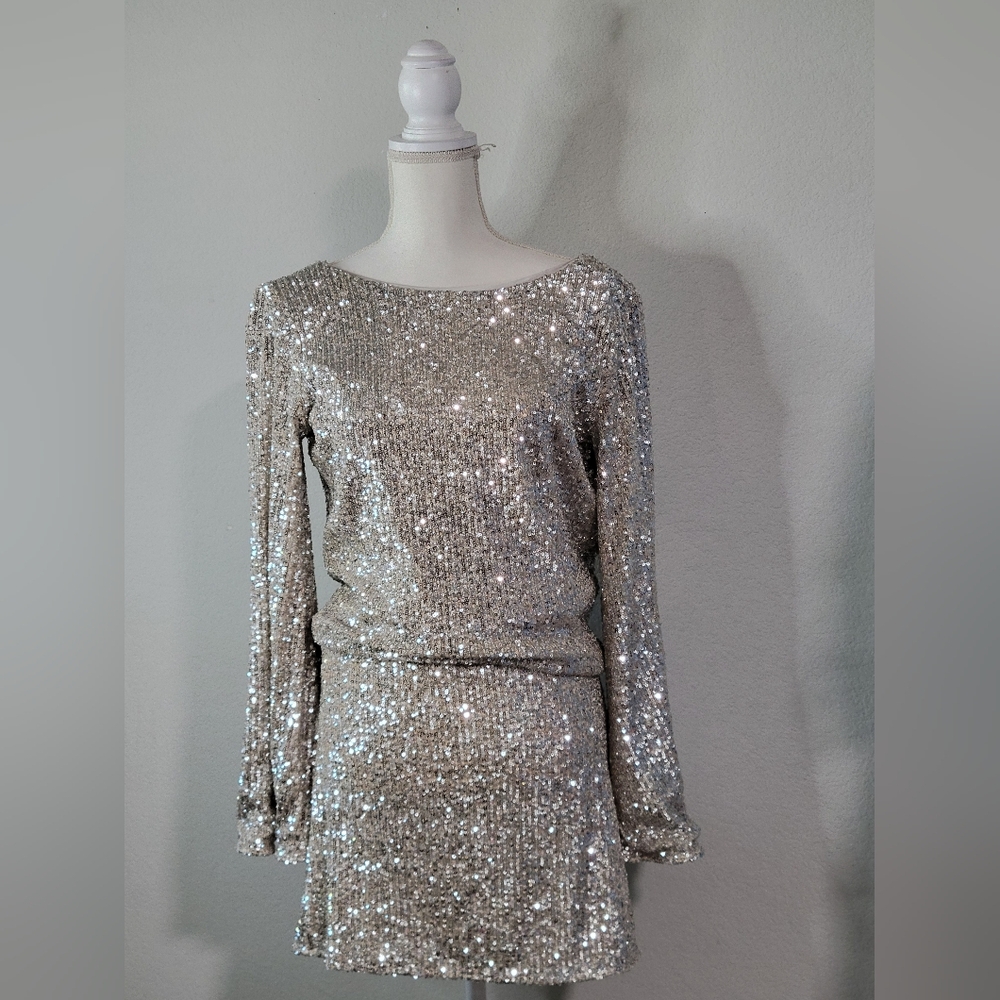 Together Silver Sequin Sheath Dress with Bishop Sleeves